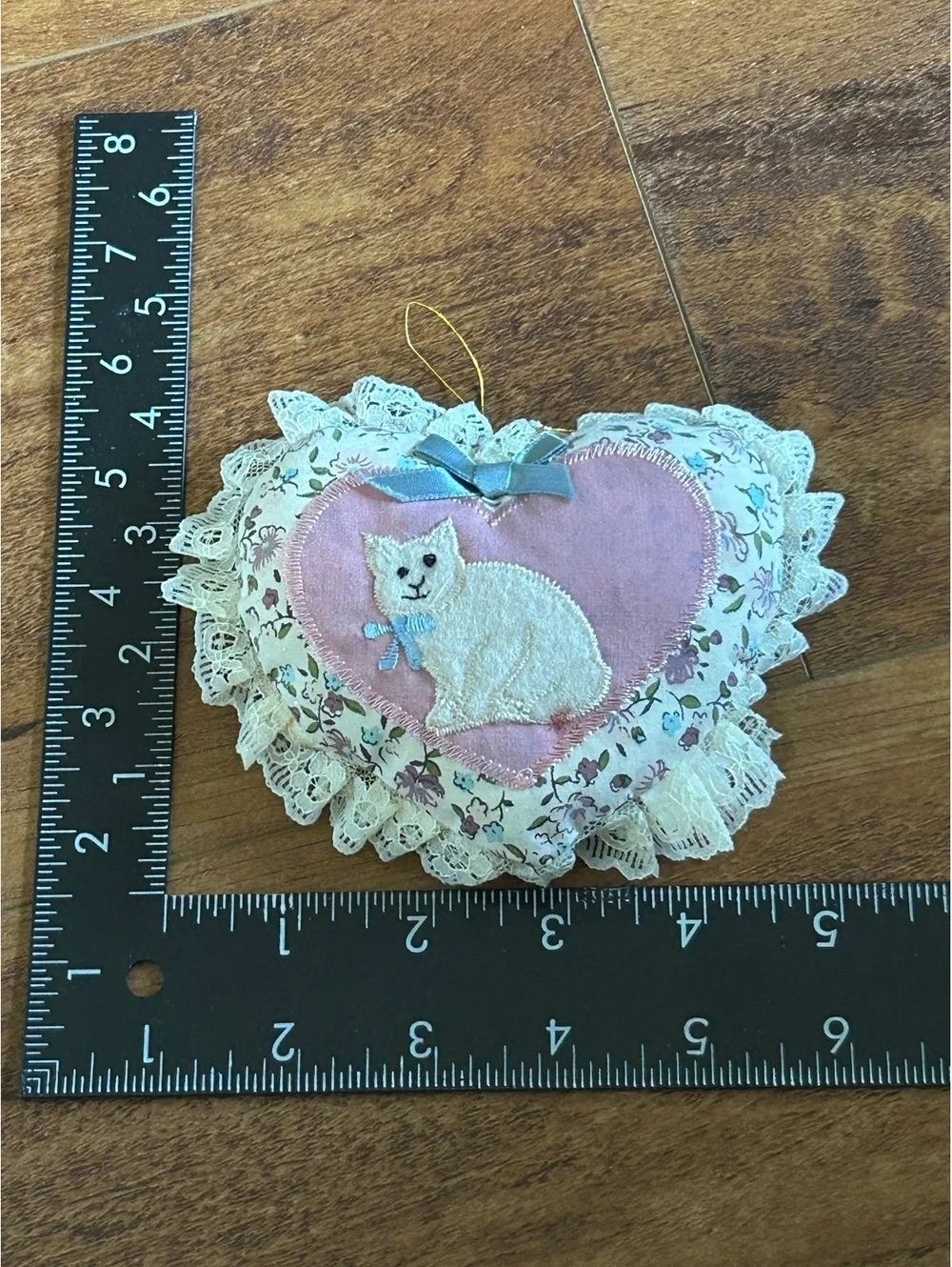 Cherished Teddies Heart-Shaped Decorative Pillow with White Cat Embroidery